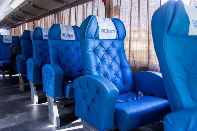Blue Bus premium seats with branded headrest covers