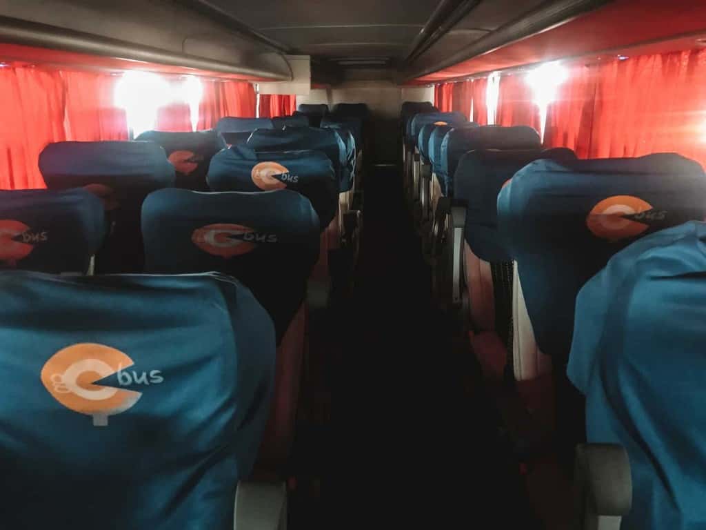Rows of seats inside a long-distance Go Bus coach in Egypt